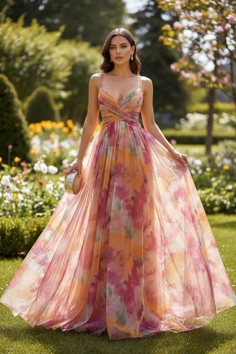 Women's Floral Sleeveless V-Neck A-Line Maxi Cocktail Gown