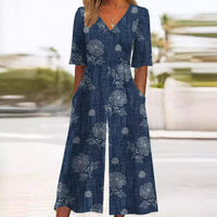 Women's Floral V-Neck Elbow Sleeve Wide-Leg Palazzo Jumpsuit