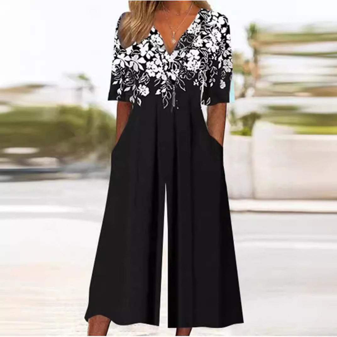 Women's Floral V-Neck Elbow Sleeve Wide-Leg Palazzo Jumpsuit