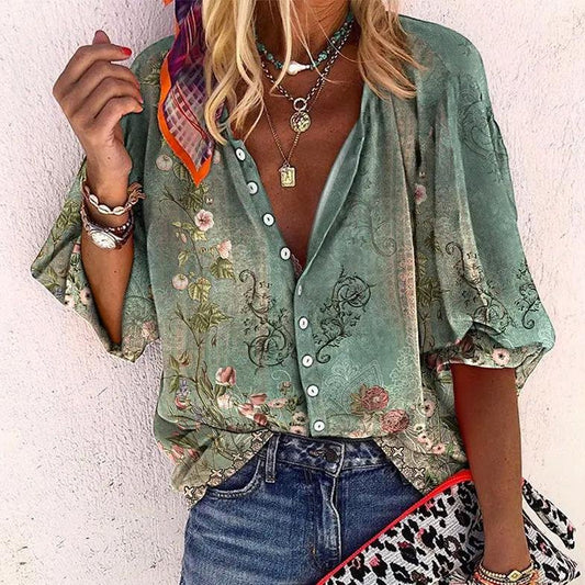 Women's Floral V-Neck Short-Sleeve Button-Front Blouse
