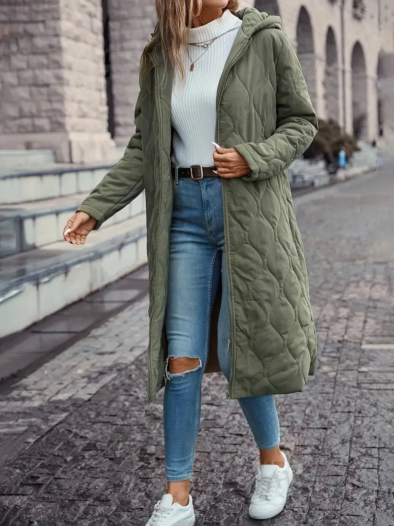 Women's Full-Length Hooded Quilted Coat with Zip – Relaxed Fit