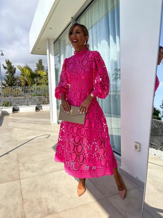 Women's High Neck Long Sleeve A-Line Midi Evening Dress