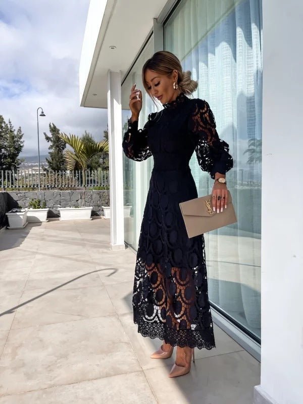Women's High Neck Long Sleeve A-Line Midi Evening Dress