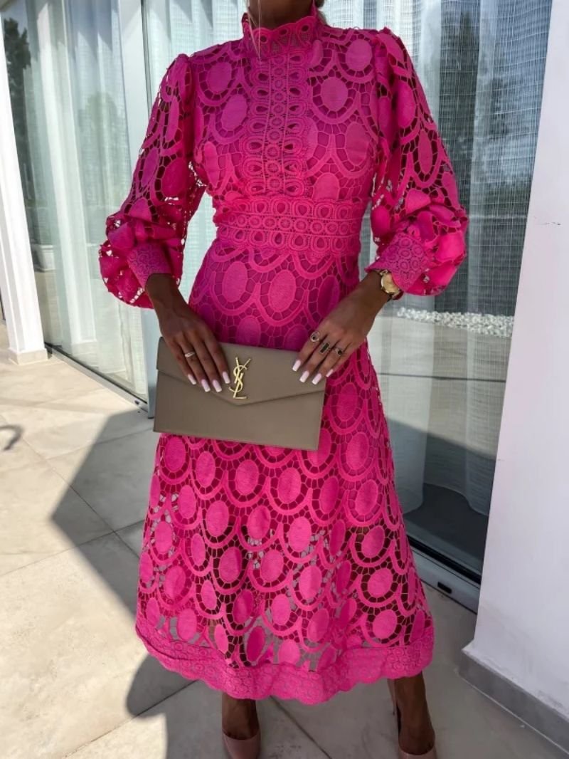 Women's High Neck Long Sleeve A-Line Midi Evening Dress