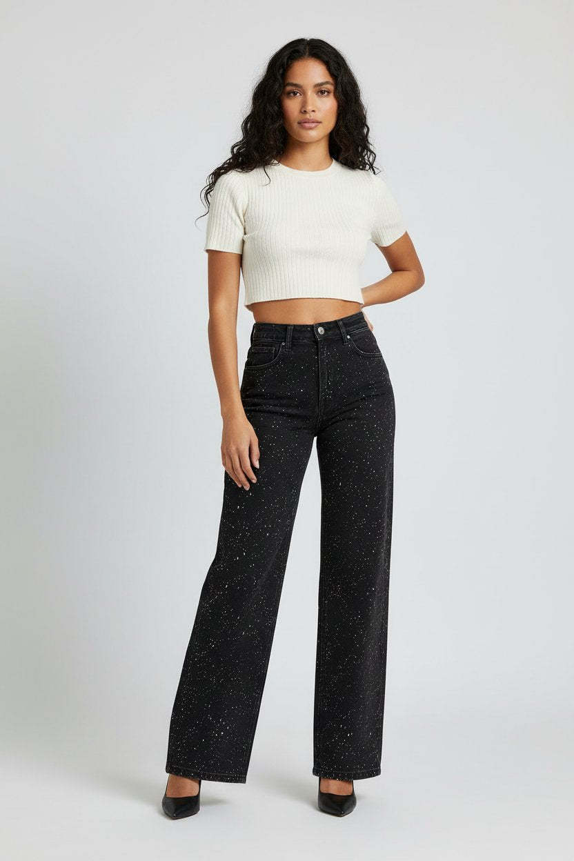Women's High-Waist Wide-Leg Glitter Straight Jeans