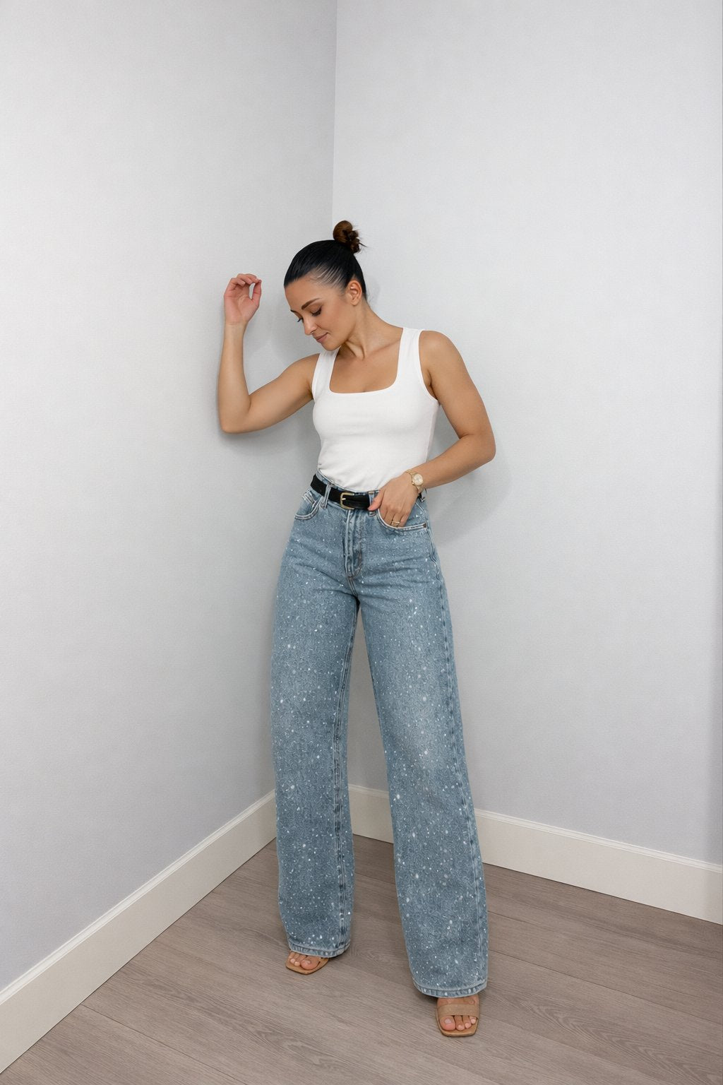 Women's High-Waist Wide-Leg Glitter Straight Jeans