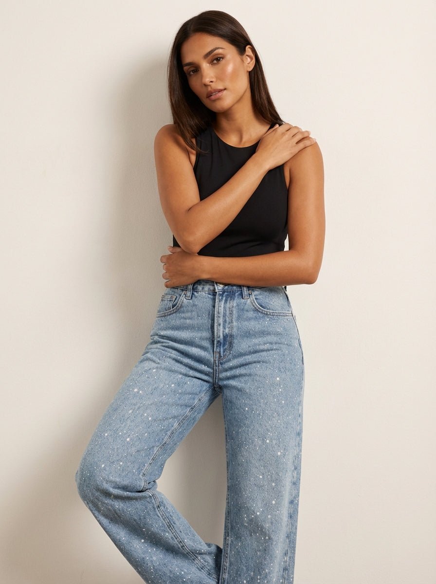 Women's High-Waist Wide-Leg Glitter Straight Jeans