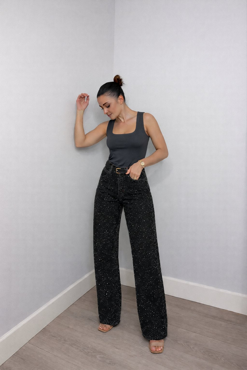 Women's High-Waist Wide-Leg Glitter Straight Jeans