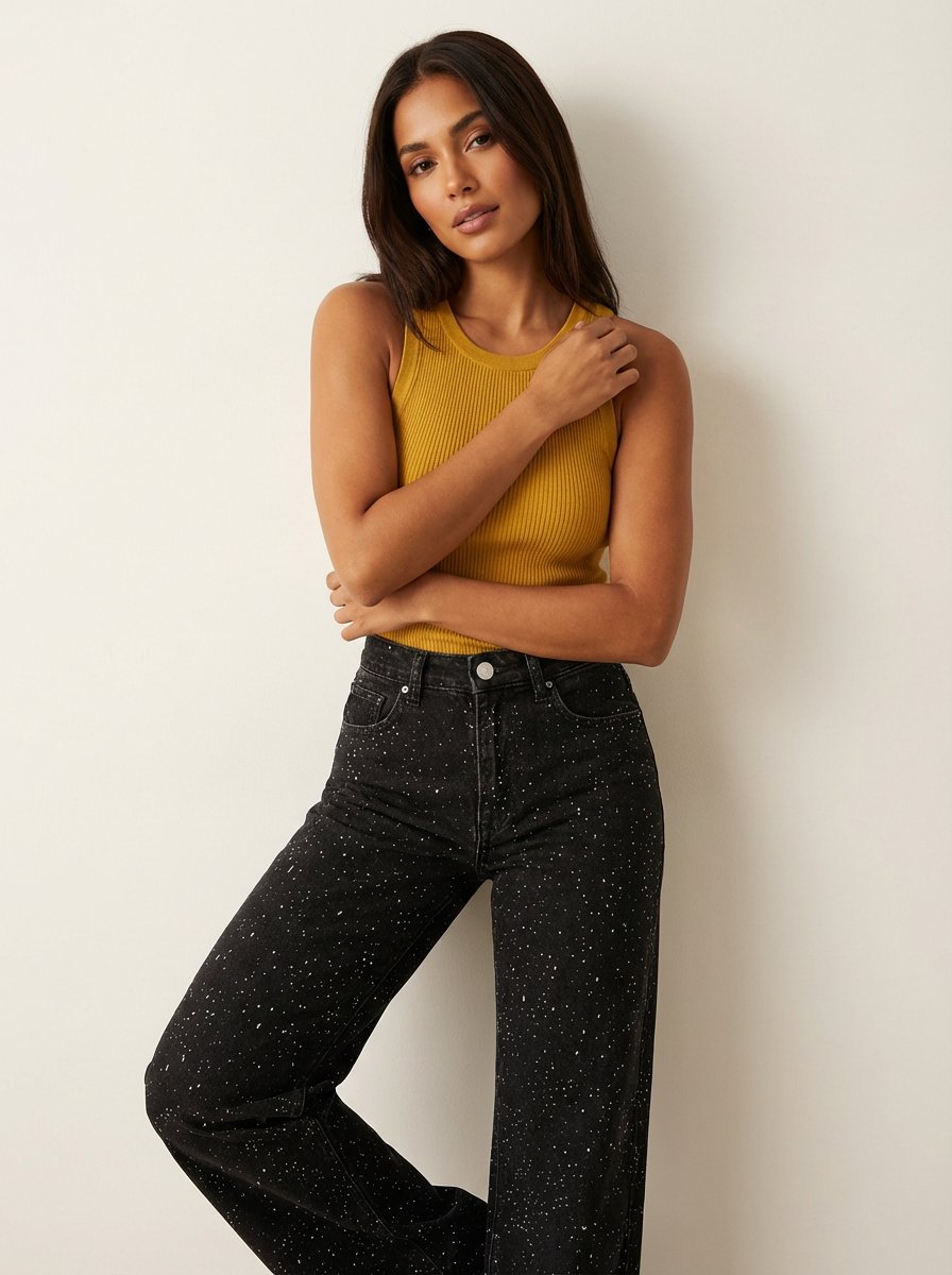 Women's High-Waist Wide-Leg Glitter Straight Jeans