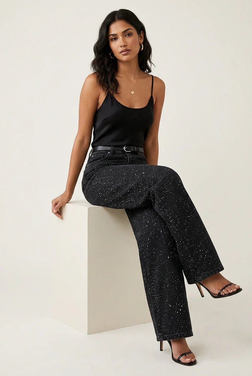 Women's High-Waist Wide-Leg Glitter Straight Jeans