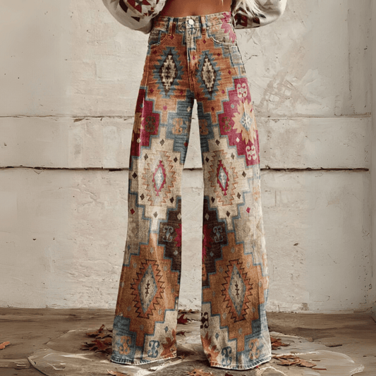 Women's High-Waisted Wide-Leg Jeans with Trendy Print