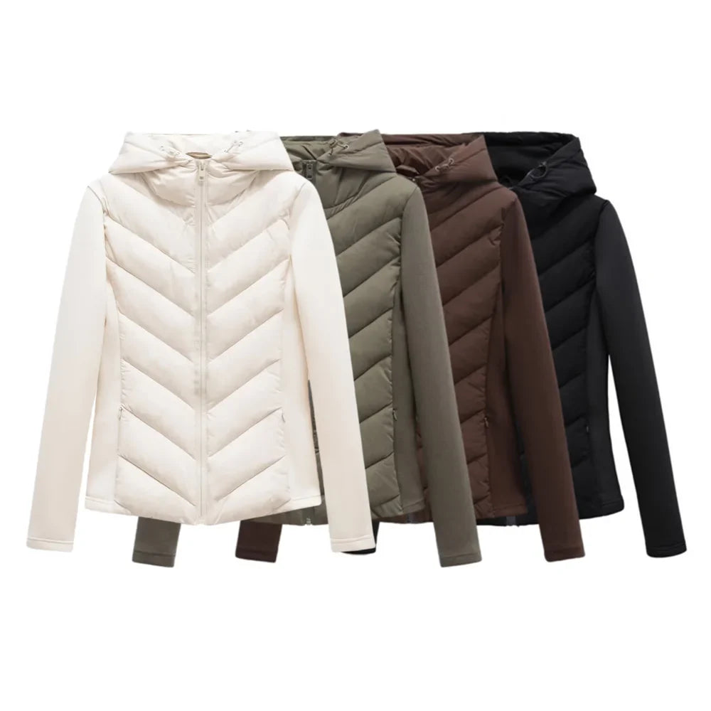 Women's Lightweight Padded Winter Jacket with Hood and Hidden Pockets