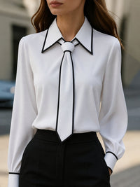 Women's Long Sleeve Contrast Trim Tie Neck Button-Down Blouse