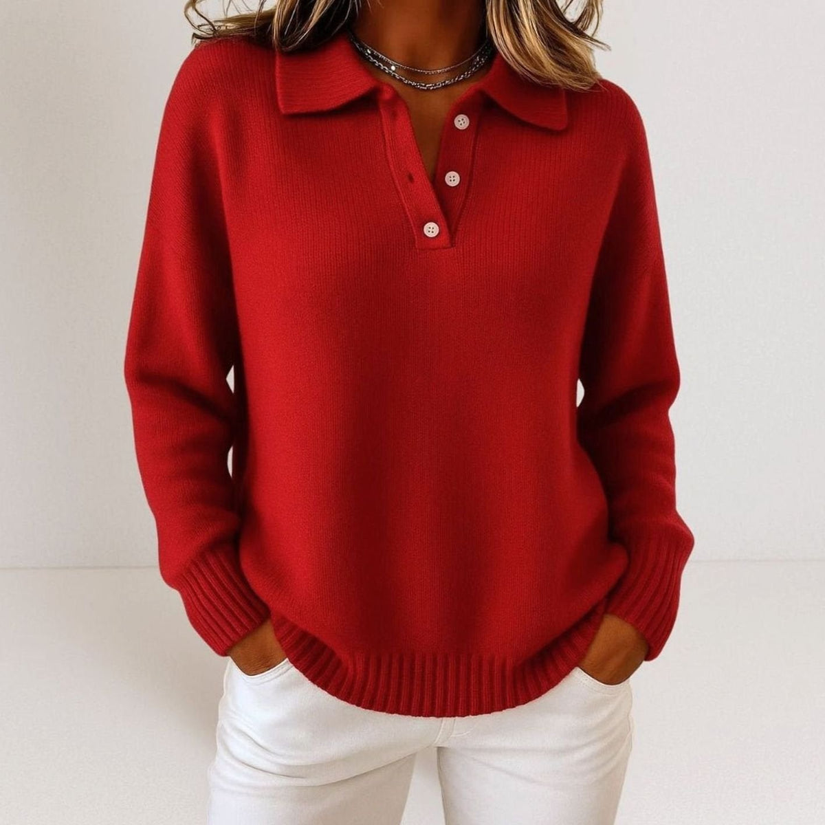 Women's Relaxed-Fit Polo Collar Button-Placket Sweater