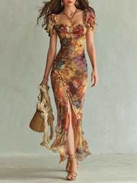 Women's Ruched Sweetheart-Neck Floral Maxi Dress - Autumn Wedding Guest
