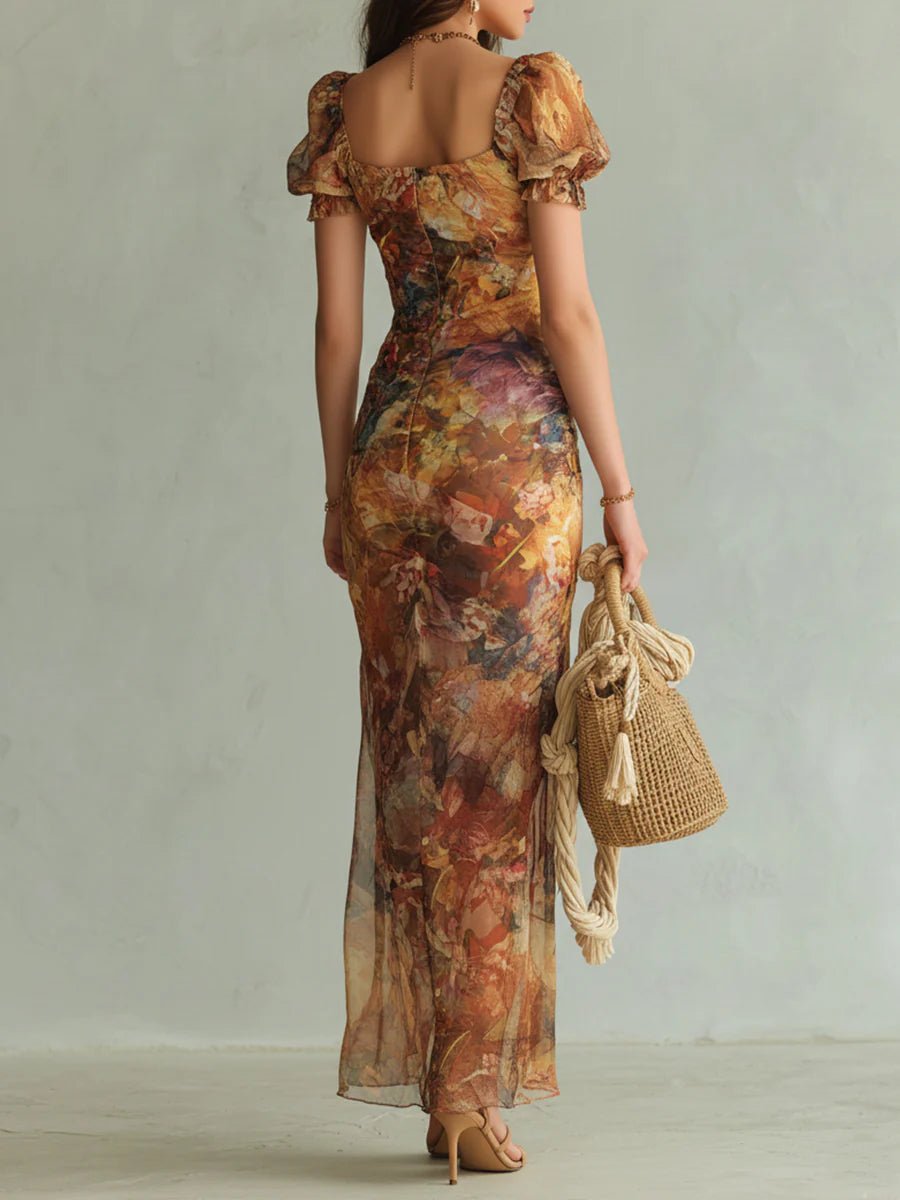 Women's Ruched Sweetheart-Neck Floral Maxi Dress - Autumn Wedding Guest