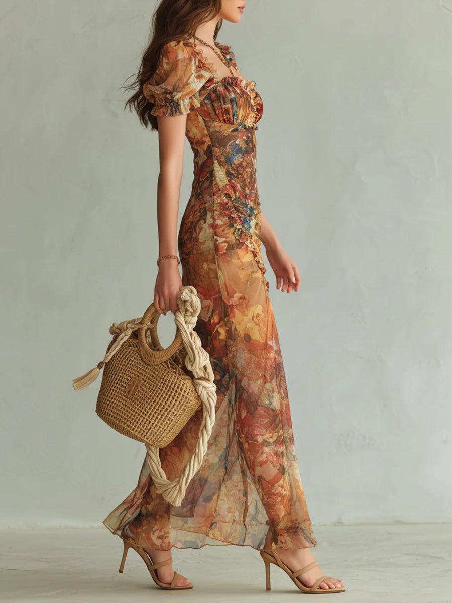 Women's Ruched Sweetheart-Neck Floral Maxi Dress - Autumn Wedding Guest