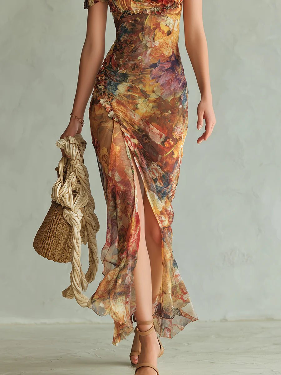 Women's Ruched Sweetheart-Neck Floral Maxi Dress - Autumn Wedding Guest