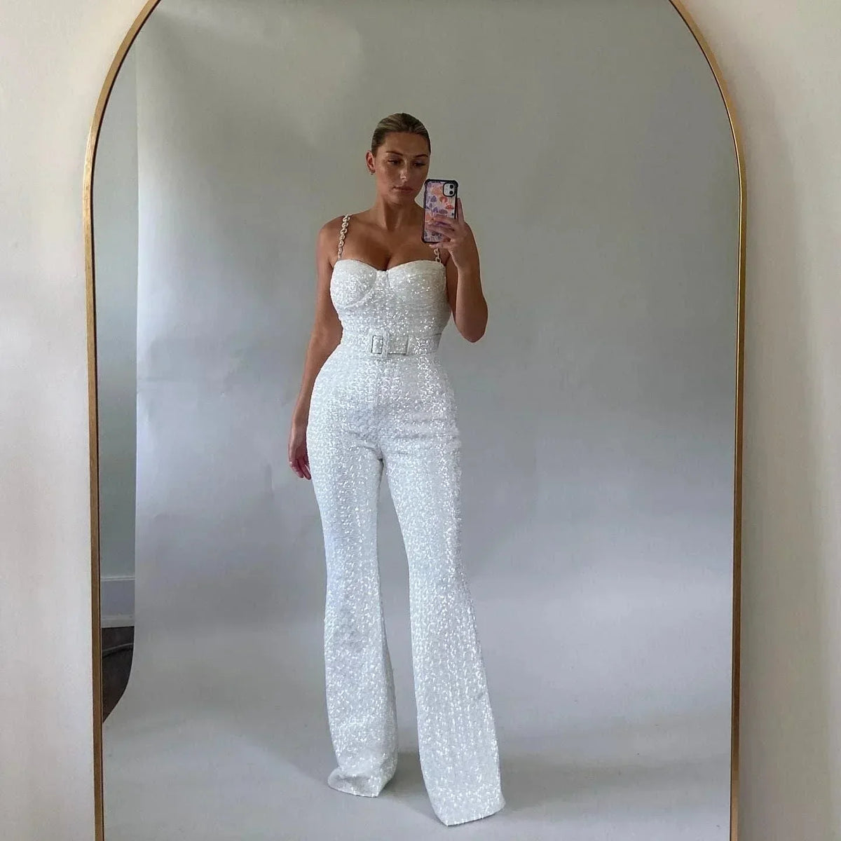 Women's Strapless Sequin Flare-Leg Jumpsuit