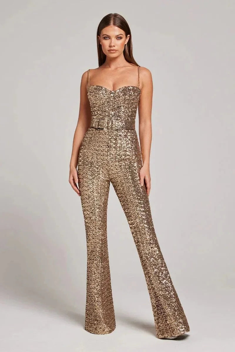Women's Strapless Sequin Flare-Leg Jumpsuit