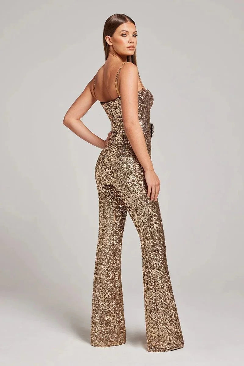Women's Strapless Sequin Flare-Leg Jumpsuit