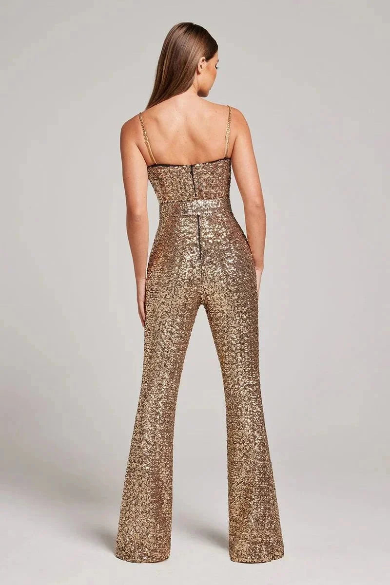 Women's Strapless Sequin Flare-Leg Jumpsuit