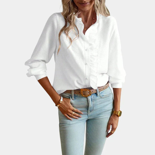 Women's Striped Blouse with Ruffles and Elegant Button Front