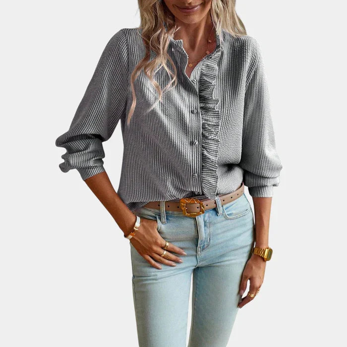 Women's Striped Blouse with Ruffles and Elegant Button Front