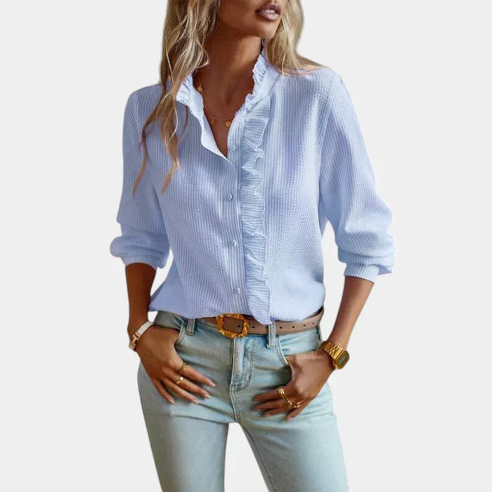 Women's Striped Blouse with Ruffles and Elegant Button Front