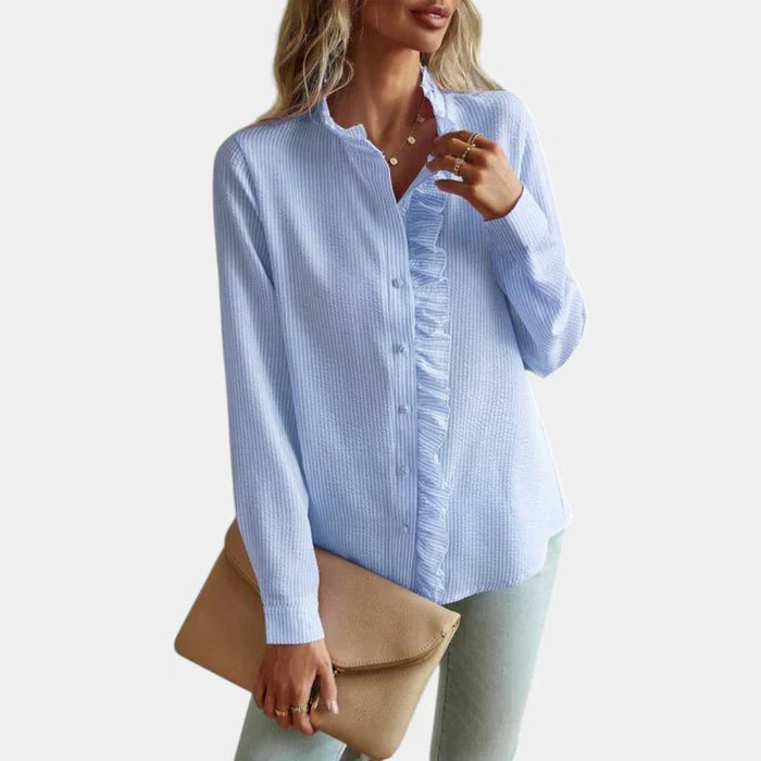 Women's Striped Blouse with Ruffles and Elegant Button Front