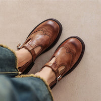 Women's T-Strap Shoes with Textured Look and Perforated Details