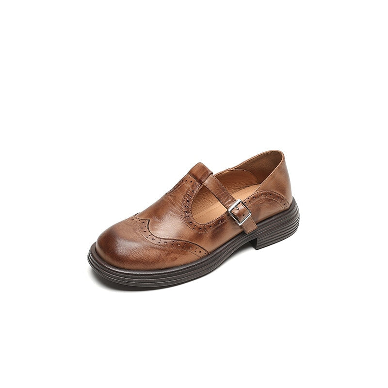 Women's T-Strap Shoes with Textured Look and Perforated Details