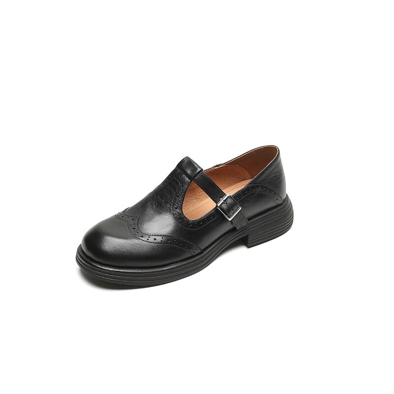 Women's T-Strap Shoes with Textured Look and Perforated Details