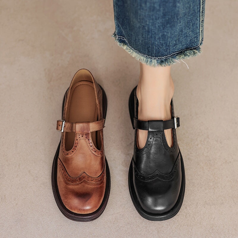 Women's T-Strap Shoes with Textured Look and Perforated Details