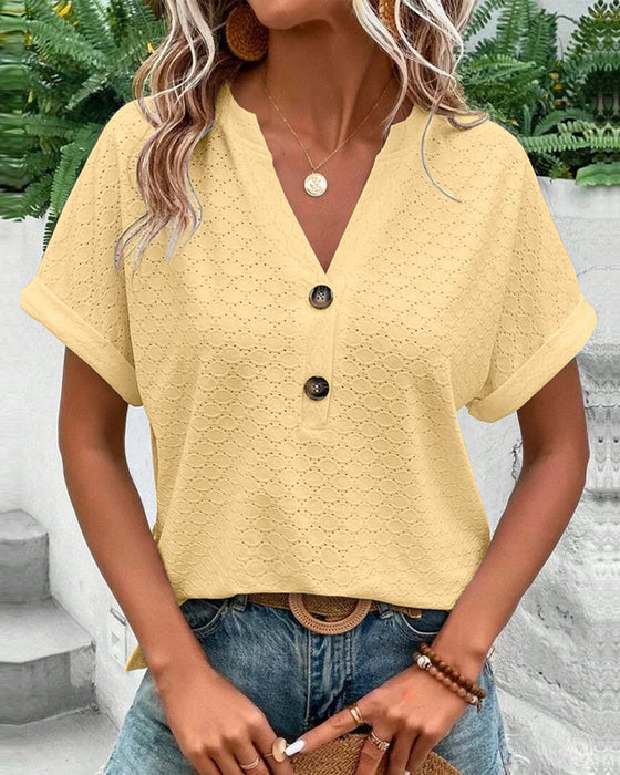 Women's Textured Short Sleeve V-Neck Button Blouse