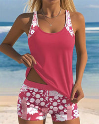 Women's Two-Piece Tankini Set with Floral Shorts and Adjustable Straps