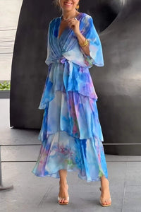Women's Watercolor Floral Tiered Wrap Maxi Dress for Autumn Weddings & Christmas Parties