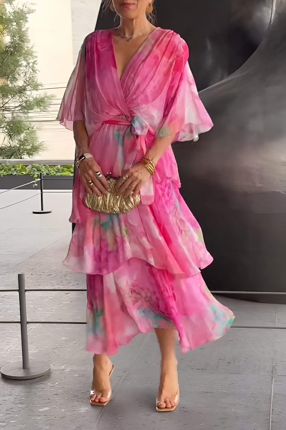 Women's Watercolor Floral Tiered Wrap Maxi Dress for Autumn Weddings & Christmas Parties