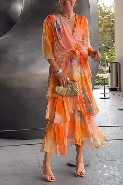 Women's Watercolor Floral Tiered Wrap Maxi Dress for Autumn Weddings & Christmas Parties