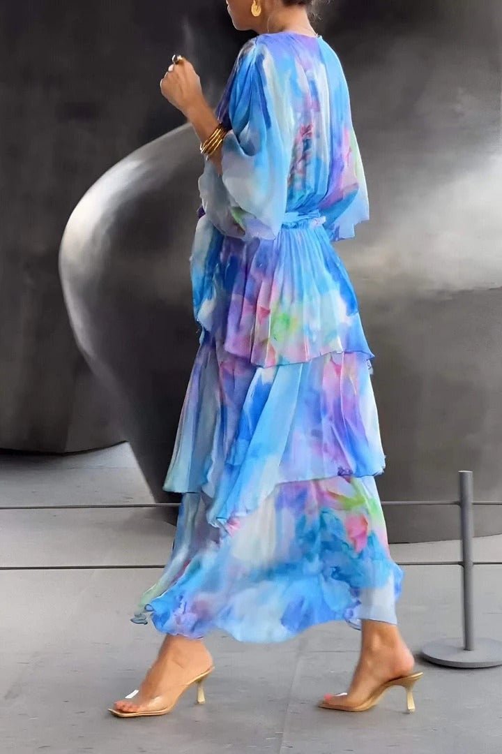 Women's Watercolor Floral Tiered Wrap Maxi Dress for Autumn Weddings & Christmas Parties