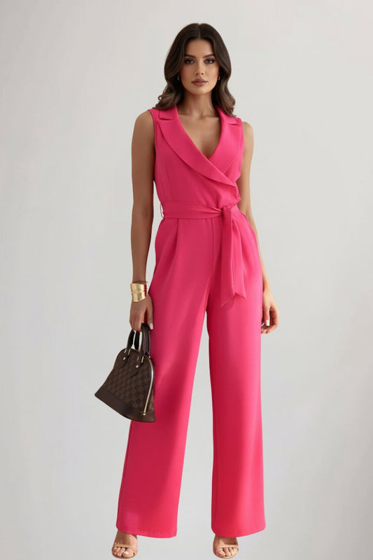 Women's Wide-Leg Blazer-Collar Tie-Waist Full-Length Jumpsuit